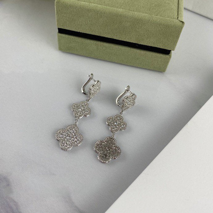 Van Cleef & Arpels CLOVER 3 MOTIF DIAMOND SILVER DROP EARRINGS