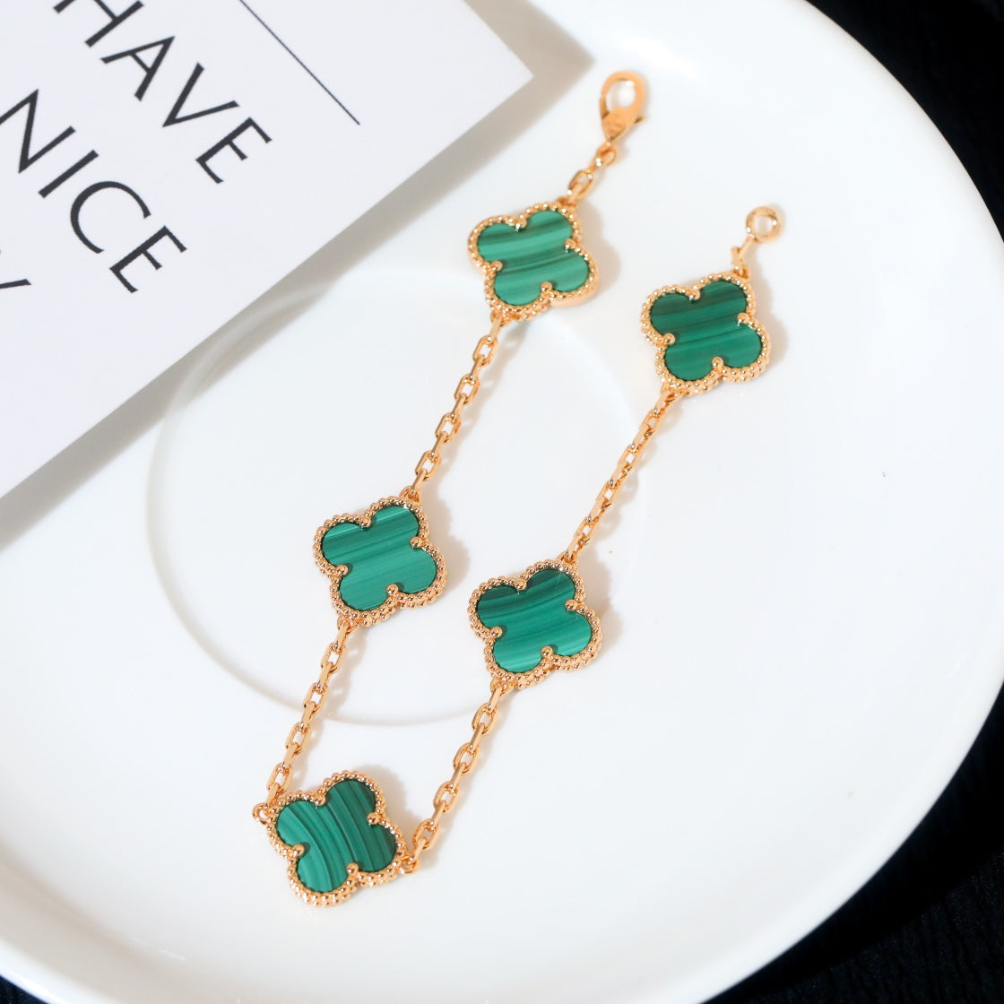 Van Cleef & Arpels CLOVER 5 MOTIF MALACHITE PINK GOLD BRACELET
