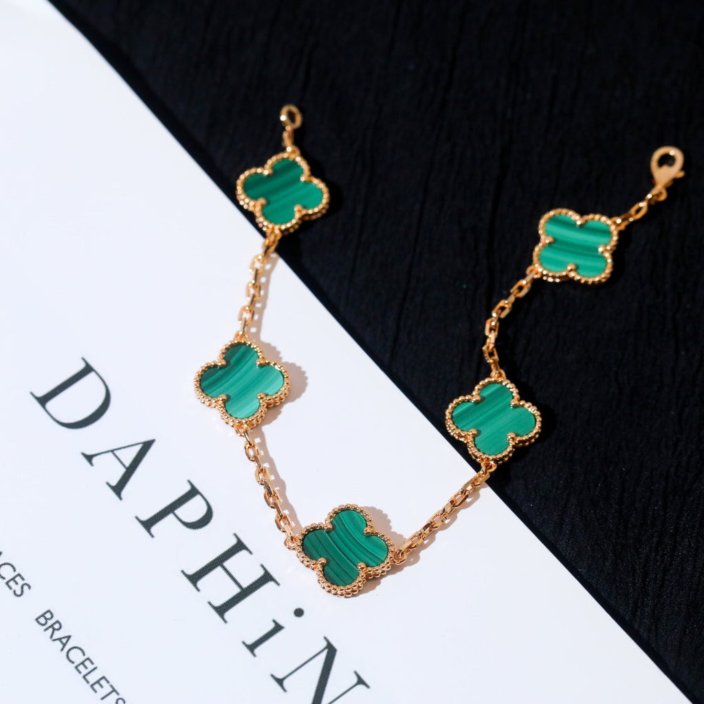 Van Cleef & Arpels CLOVER 5 MOTIF MALACHITE PINK GOLD BRACELET