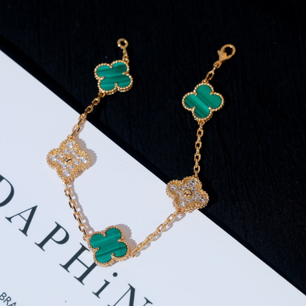 Van Cleef & Arpels CLOVER 5 MOTIF MALACHITE DIAMOND PINK GOLD BRACELET
