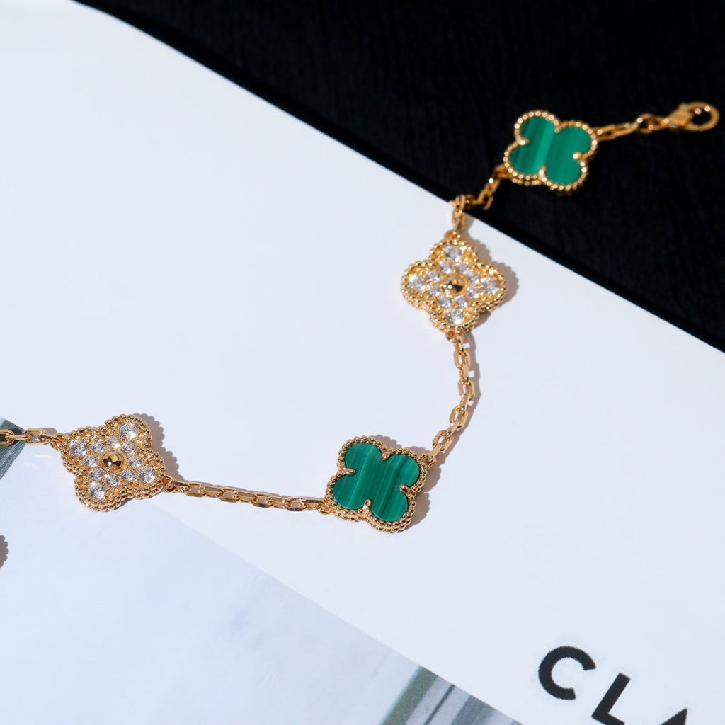 Van Cleef & Arpels CLOVER 5 MOTIF MALACHITE DIAMOND PINK GOLD BRACELET