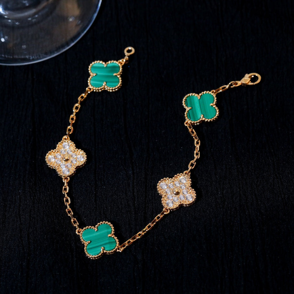 Van Cleef & Arpels CLOVER 5 MOTIF MALACHITE DIAMOND PINK GOLD BRACELET