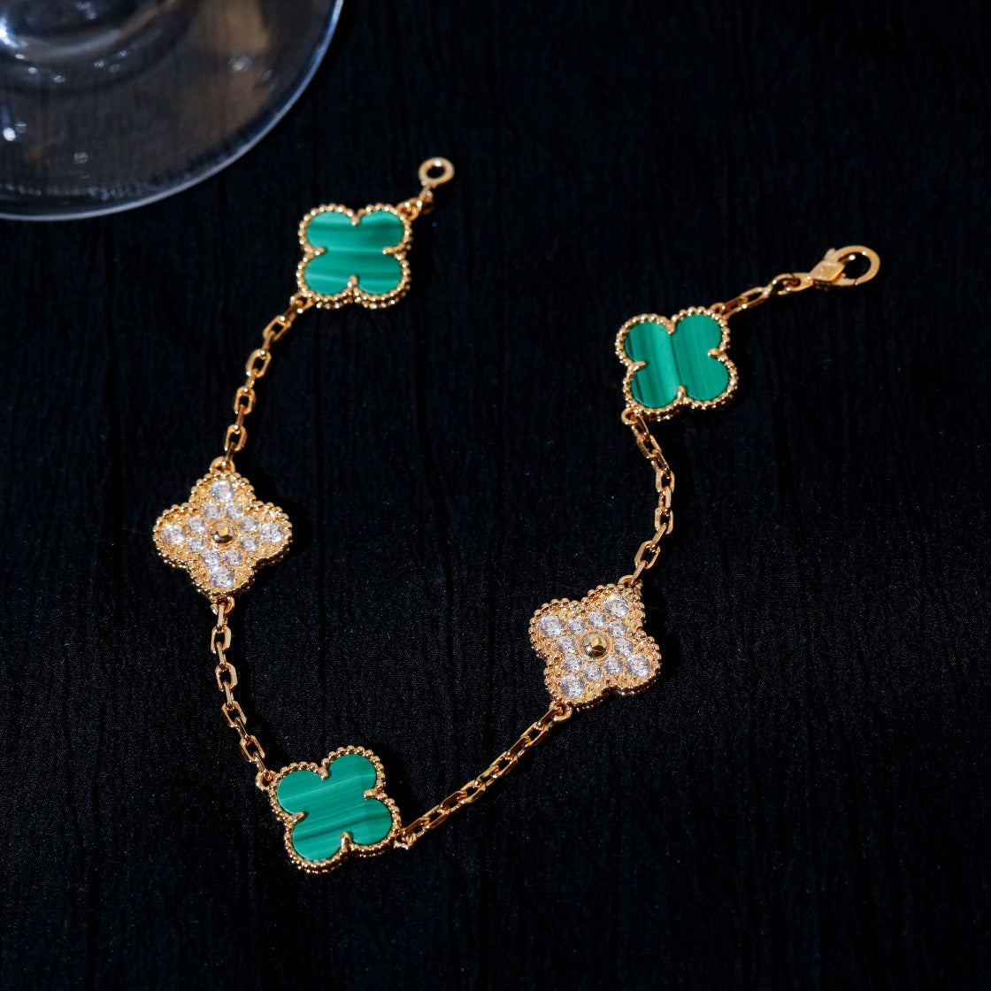 Van Cleef & Arpels CLOVER 5 MOTIF MALACHITE DIAMOND PINK GOLD BRACELET