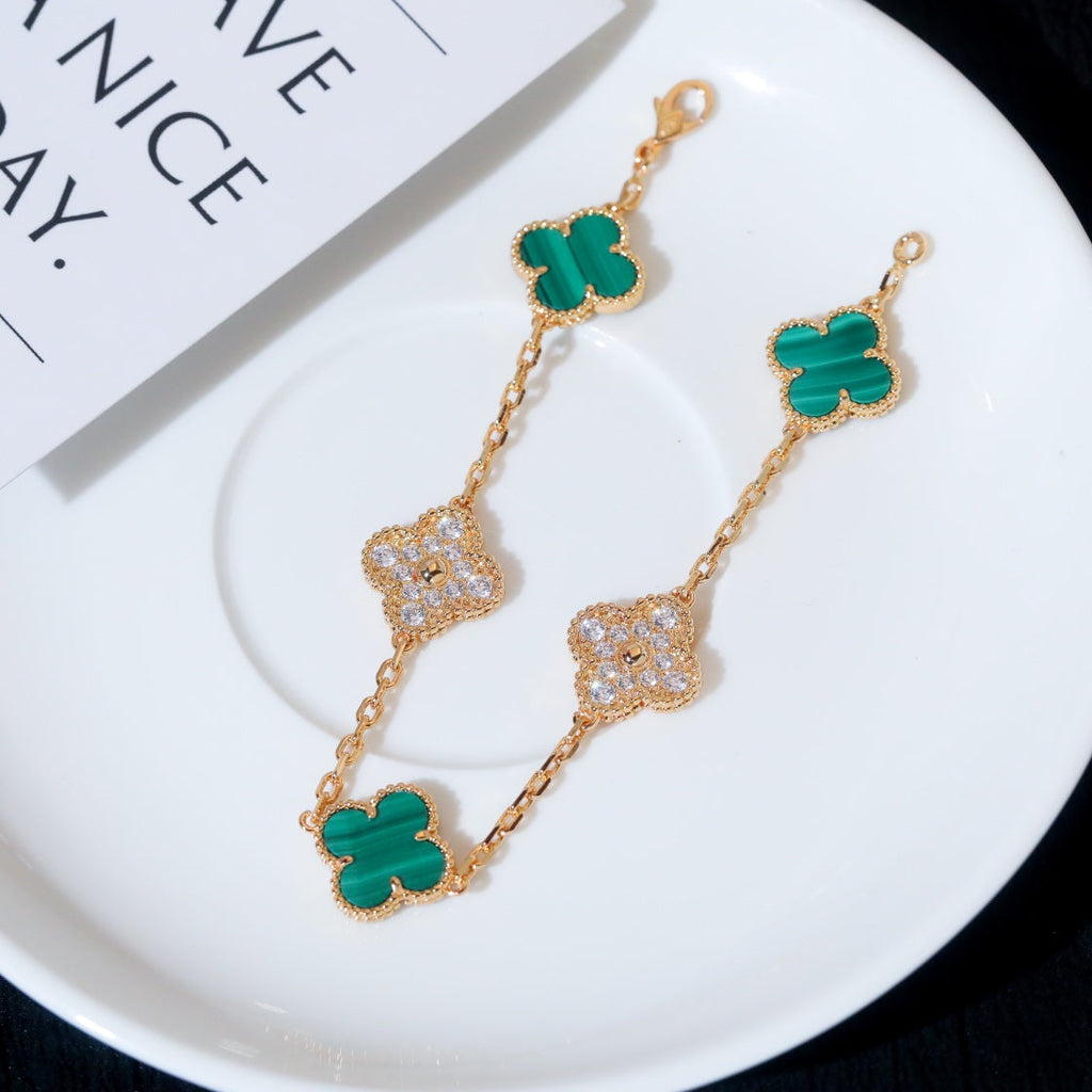Van Cleef & Arpels CLOVER 5 MOTIF MALACHITE DIAMOND PINK GOLD BRACELET