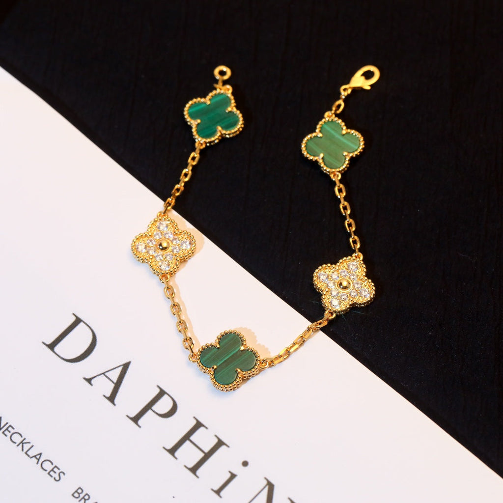 Van Cleef & Arpels CLOVER 5 MOTIF MALACHITE DIAMOND PINK GOLD BRACELET
