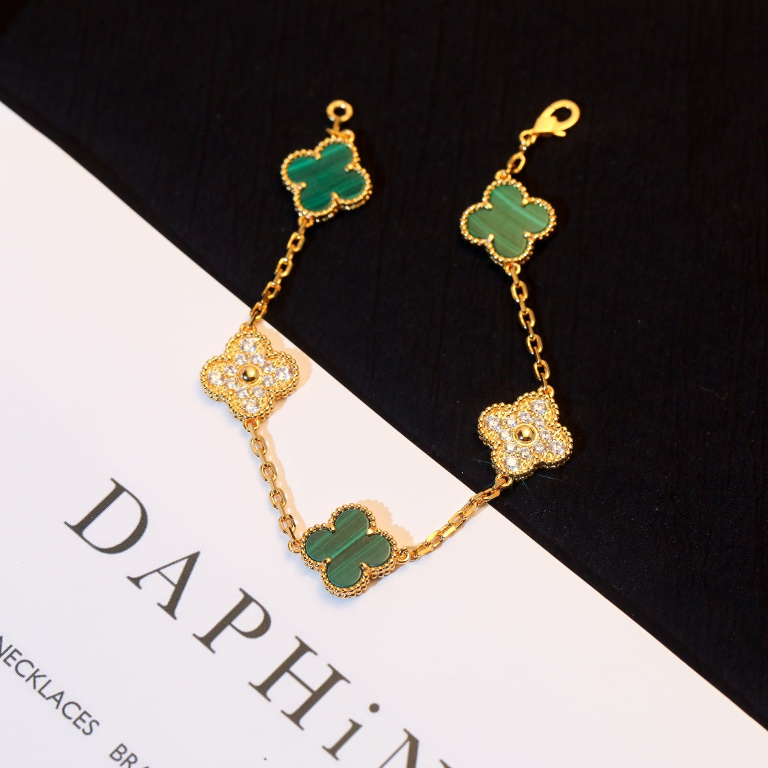Van Cleef & Arpels CLOVER 5 MOTIF MALACHITE DIAMOND PINK GOLD BRACELET