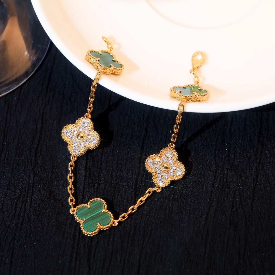Van Cleef & Arpels CLOVER 5 MOTIF MALACHITE DIAMOND PINK GOLD BRACELET