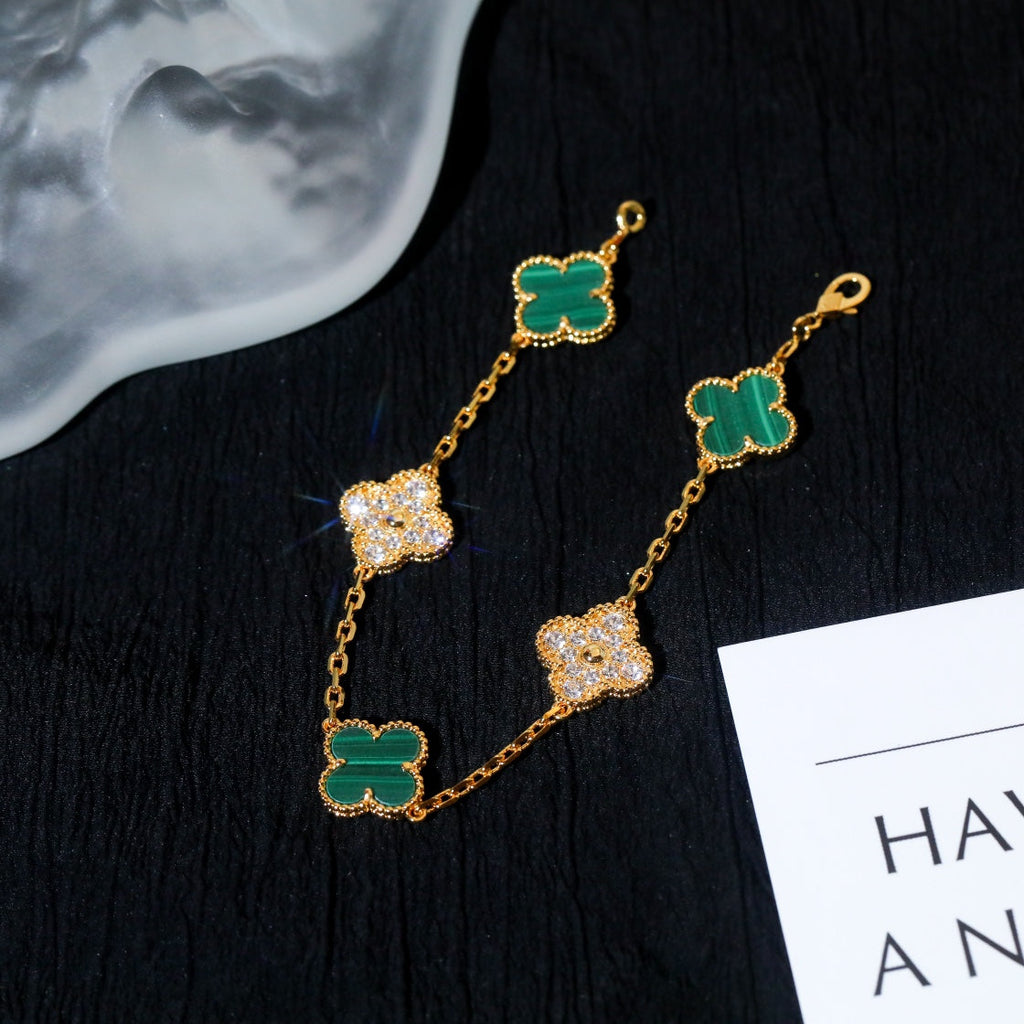 Van Cleef & Arpels CLOVER 5 MOTIF MALACHITE DIAMOND PINK GOLD BRACELET