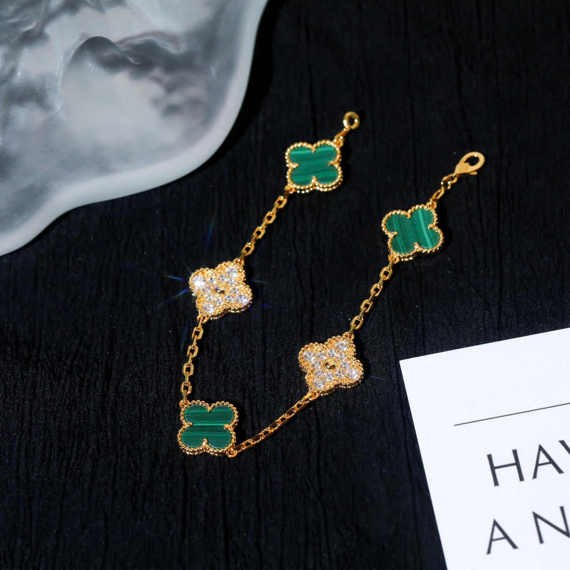 Van Cleef & Arpels CLOVER 5 MOTIF MALACHITE DIAMOND PINK GOLD BRACELET