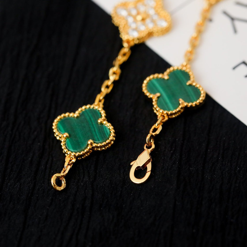 Van Cleef & Arpels CLOVER 5 MOTIF MALACHITE DIAMOND PINK GOLD BRACELET
