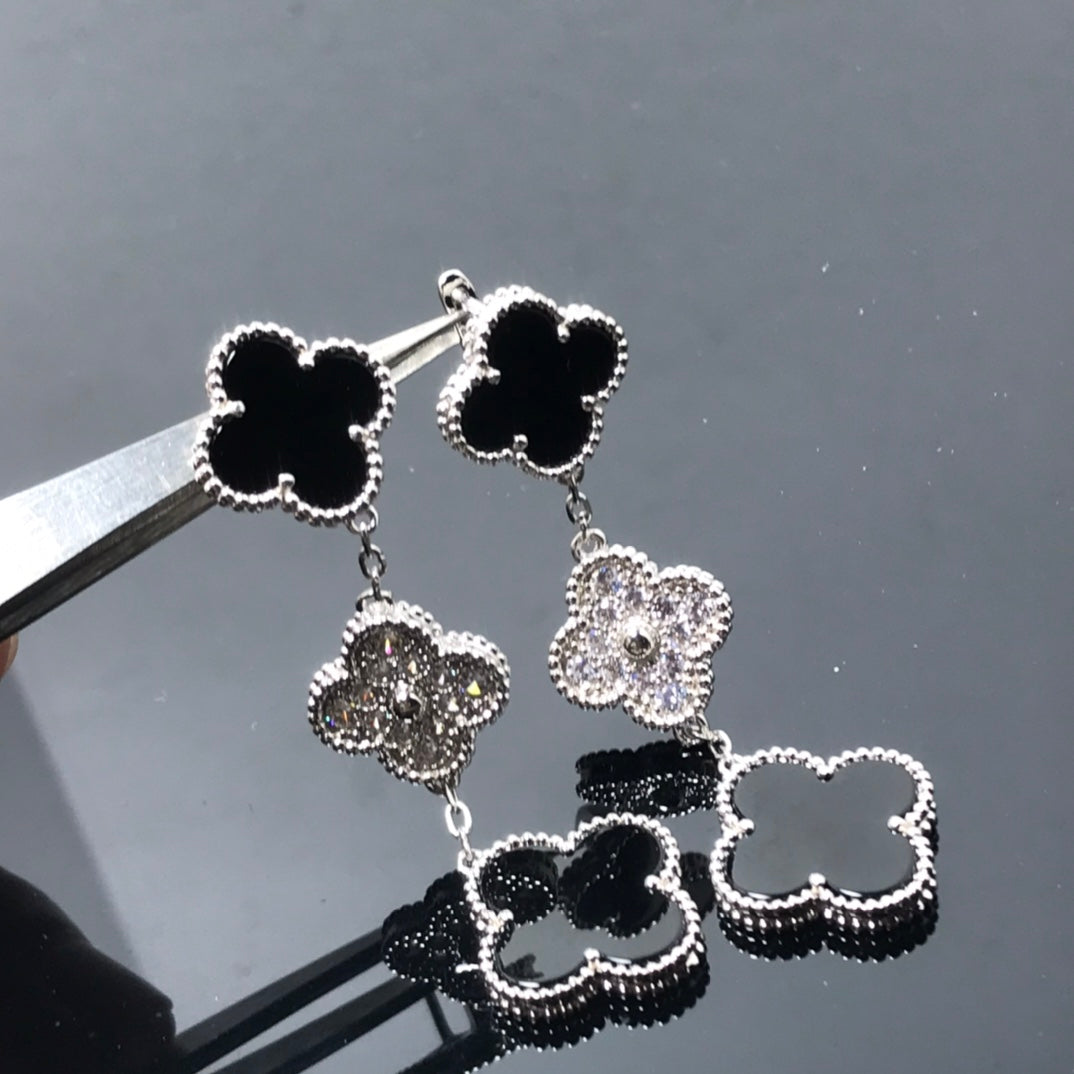 Van Cleef & Arpels CLOVER 3 MOTIF DIAMOND ONYX SILVER EARRINGS