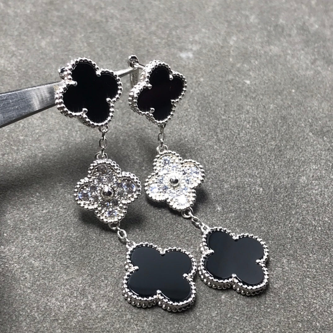 Van Cleef & Arpels CLOVER 3 MOTIF DIAMOND ONYX SILVER EARRINGS