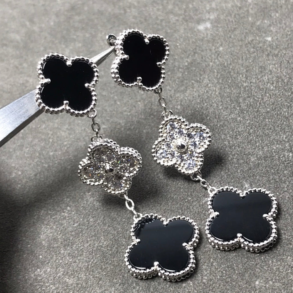 Van Cleef & Arpels CLOVER 3 MOTIF DIAMOND ONYX SILVER EARRINGS