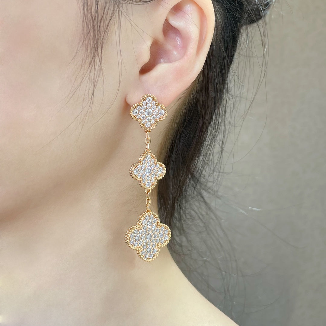 Van Cleef & Arpels CLOVER 3 MOTIFS DIAMOND PAVED PINK GOLD EARRINGS