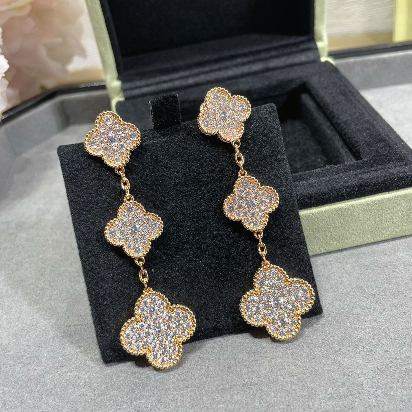 Van Cleef & Arpels CLOVER 3 MOTIFS DIAMOND PAVED PINK GOLD EARRINGS