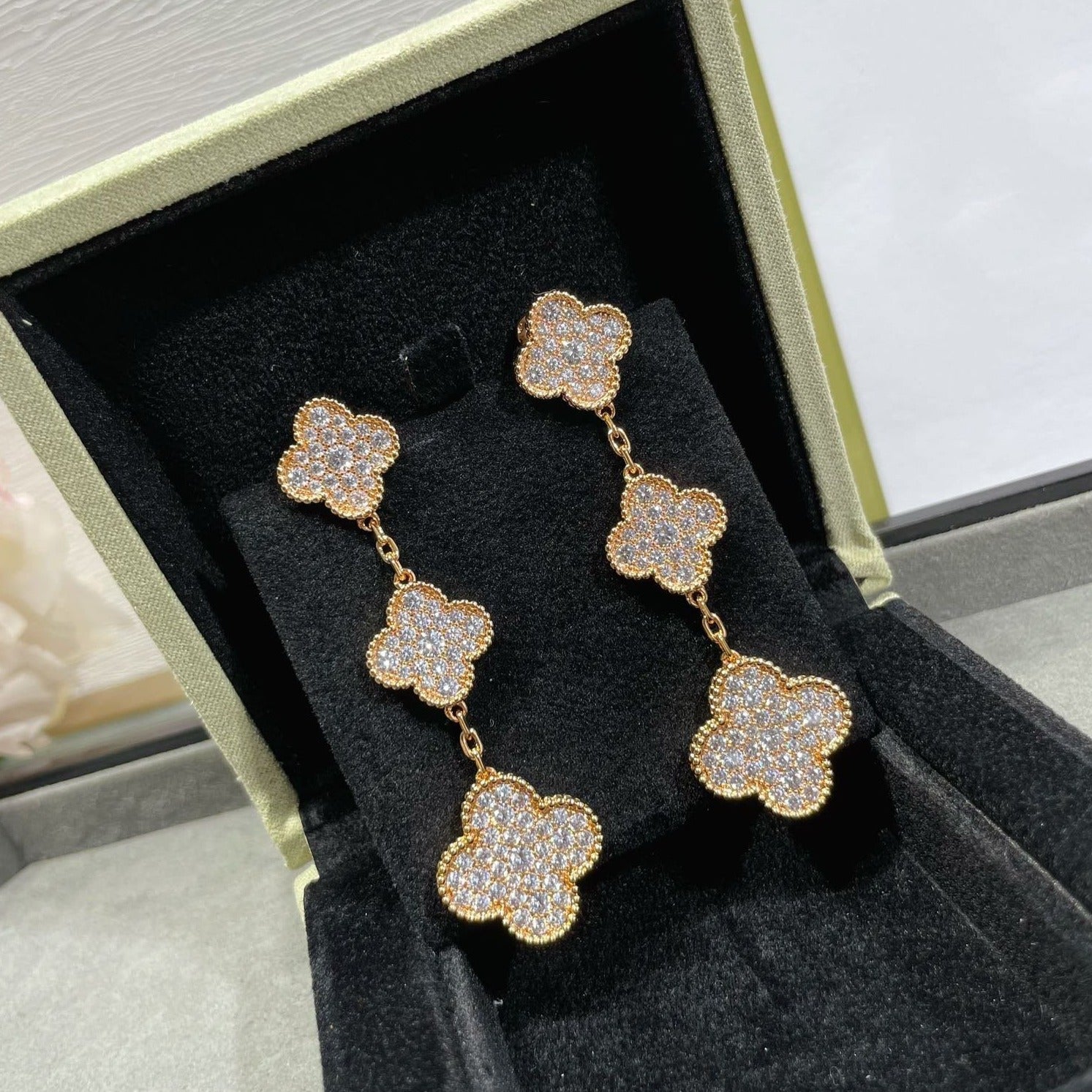 Van Cleef & Arpels CLOVER 3 MOTIFS DIAMOND PAVED PINK GOLD EARRINGS