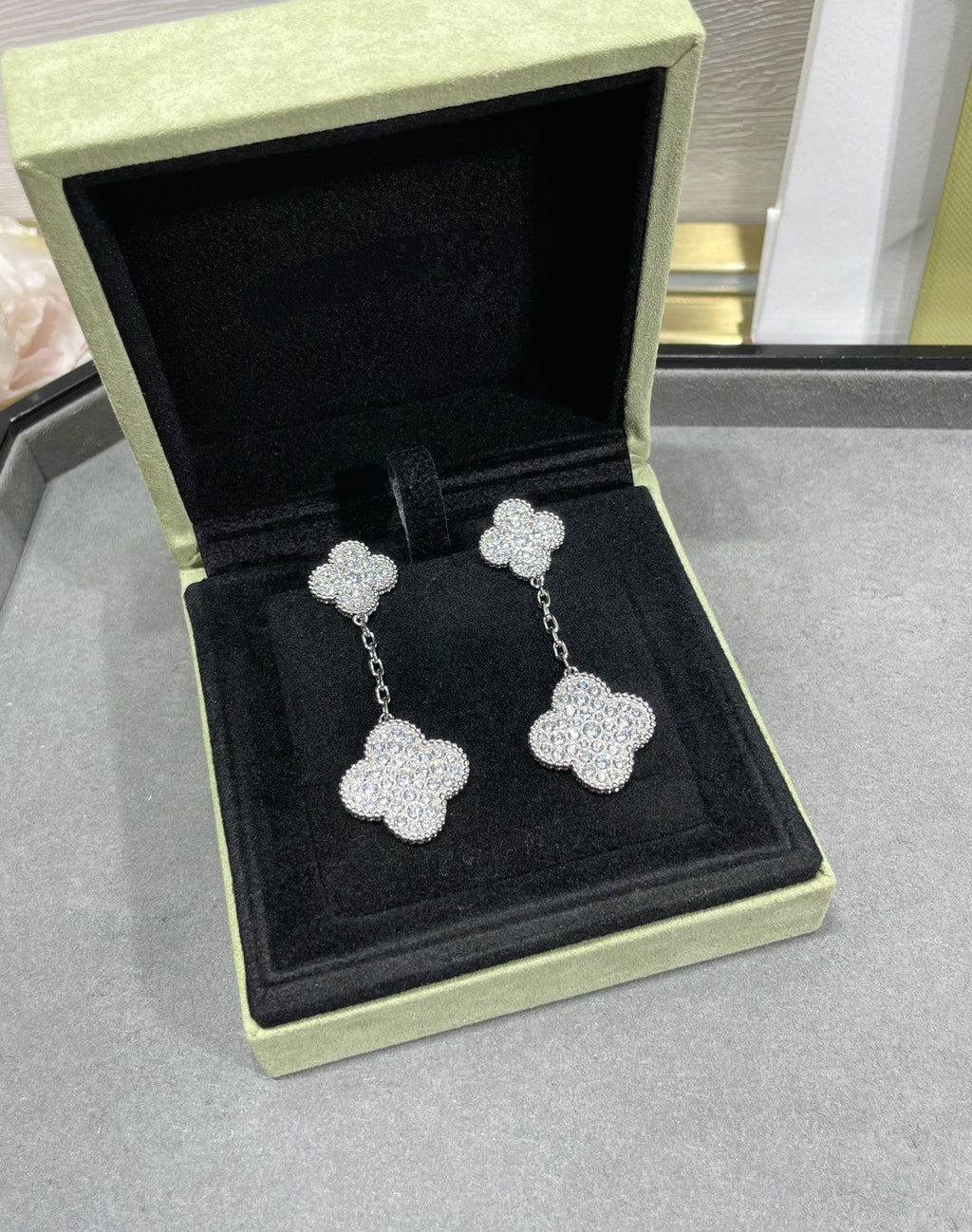 Van Cleef & Arpels CLOVER 2 MOTIFS DIAMOND PAVED SILVER EARRINGS