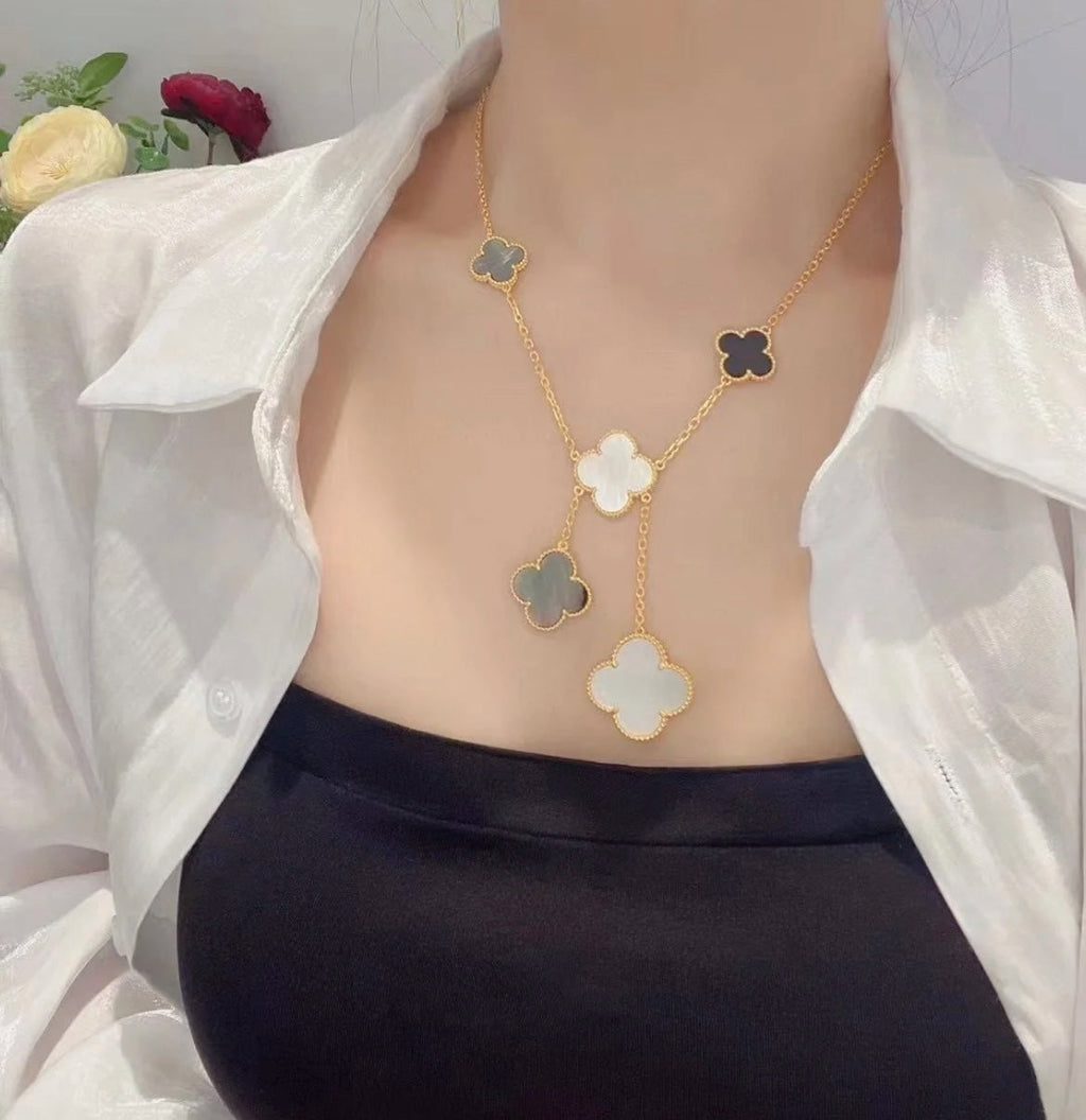 Van Cleef & Arpels CLOVER 6 MOTIF MOP ONYX GOLD NECKLACE