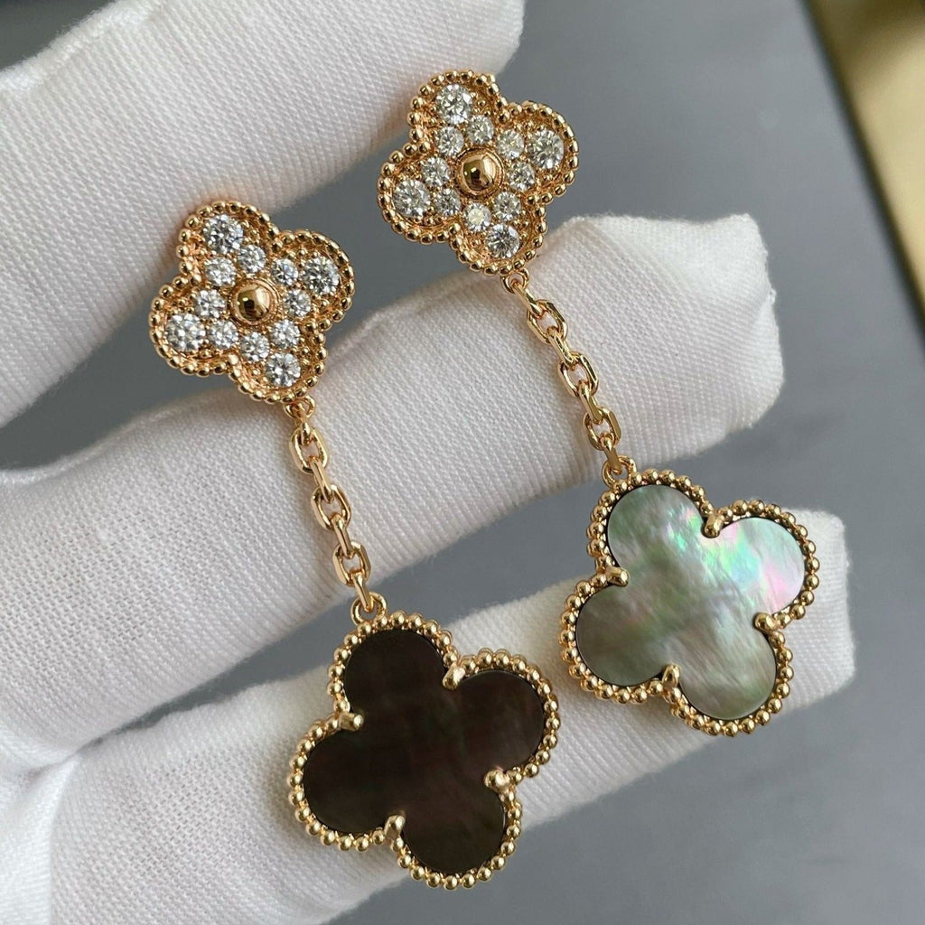 Van Cleef & Arpels CLOVER 2 MOTIF DIAMOND DARK MOP EARRINGS
