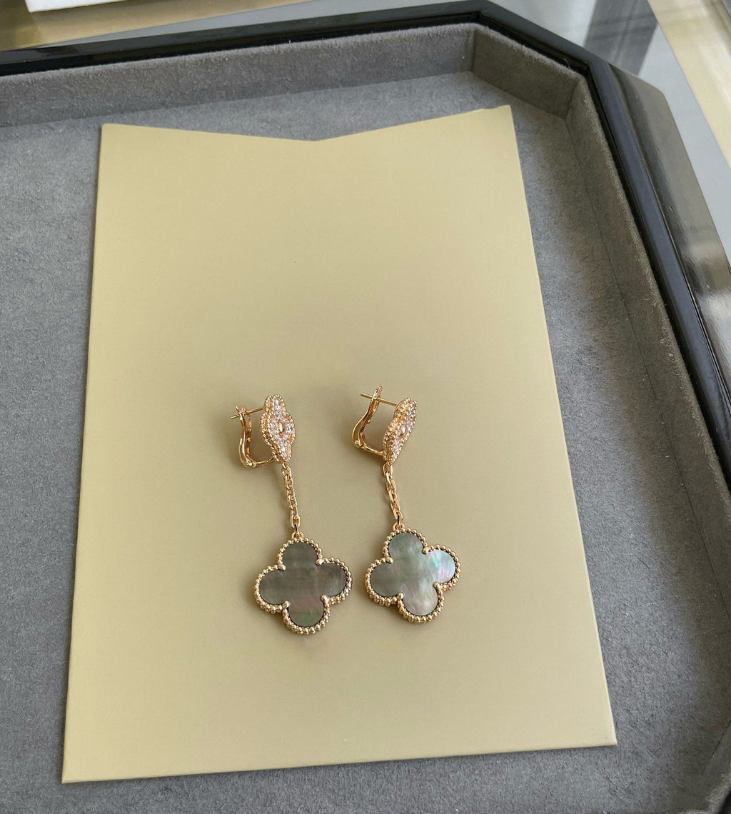Van Cleef & Arpels CLOVER 2 MOTIF DIAMOND DARK MOP EARRINGS