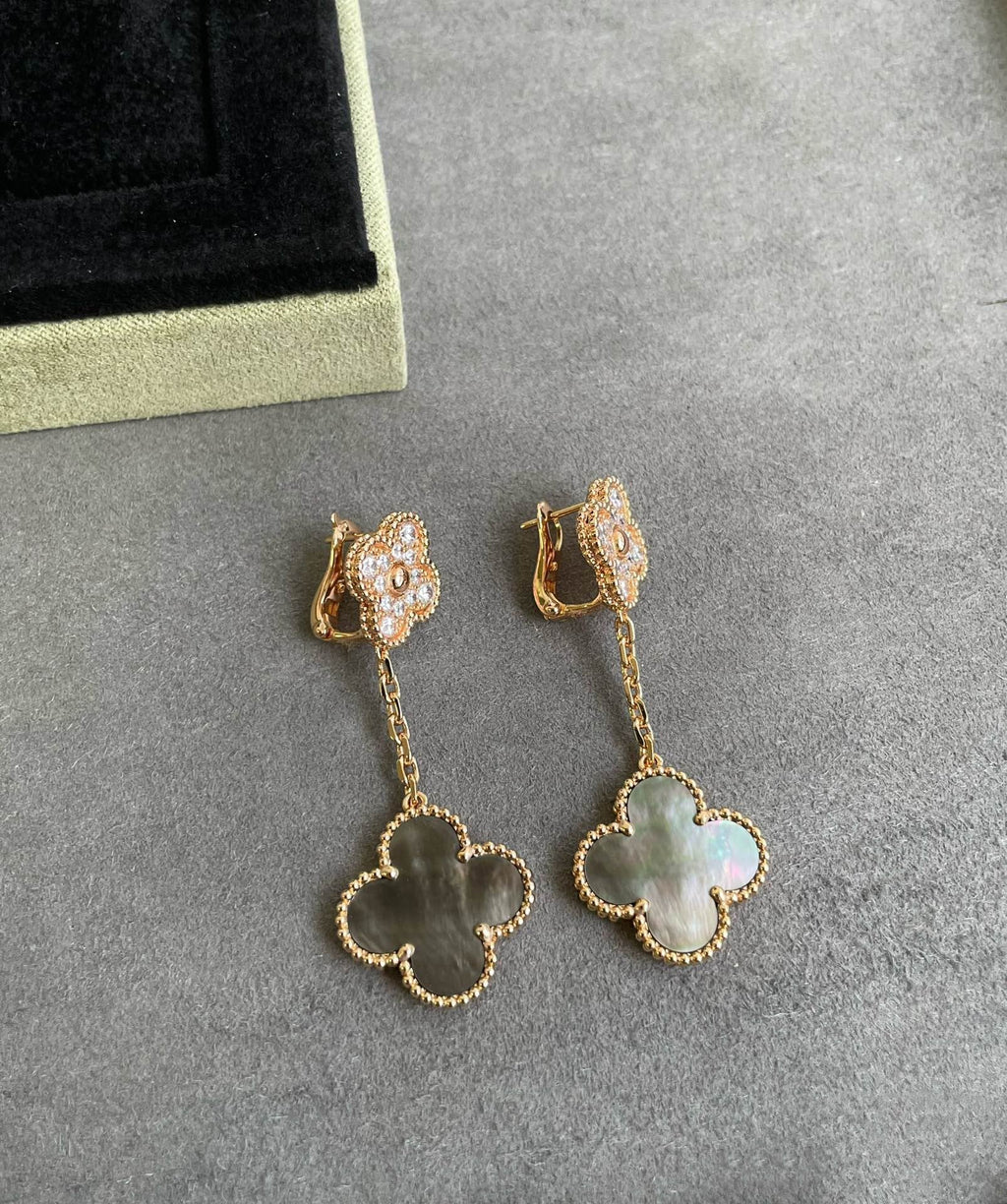 Van Cleef & Arpels CLOVER 2 MOTIF DIAMOND DARK MOP EARRINGS