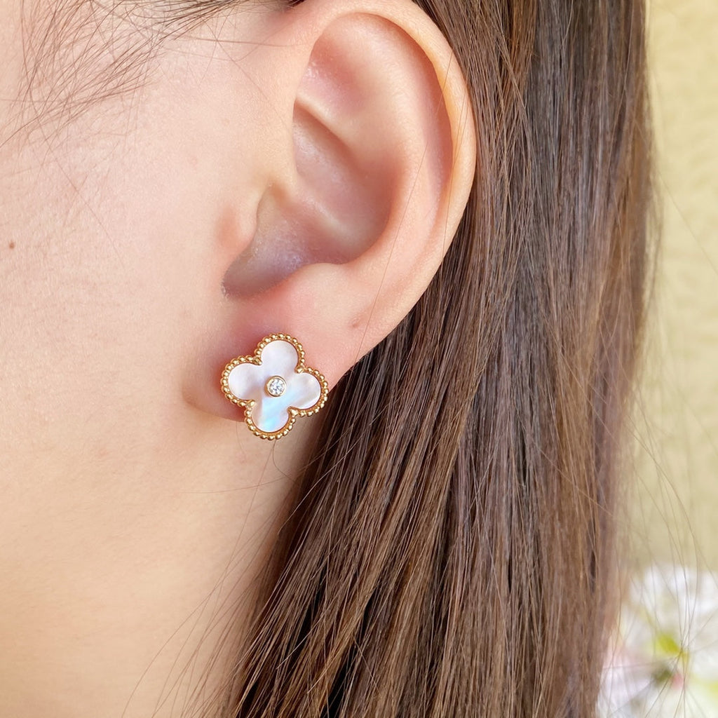 Van Cleef & Arpels CLOVER PINK MOP 1 DIAMOND STUD EARRINGS