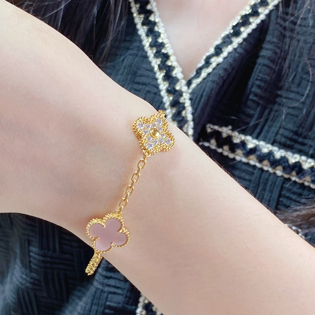 Van Cleef & Arpels CLOVER 5 MOTIF DIAMOND PINK MOP PINK GOLD BRACELET