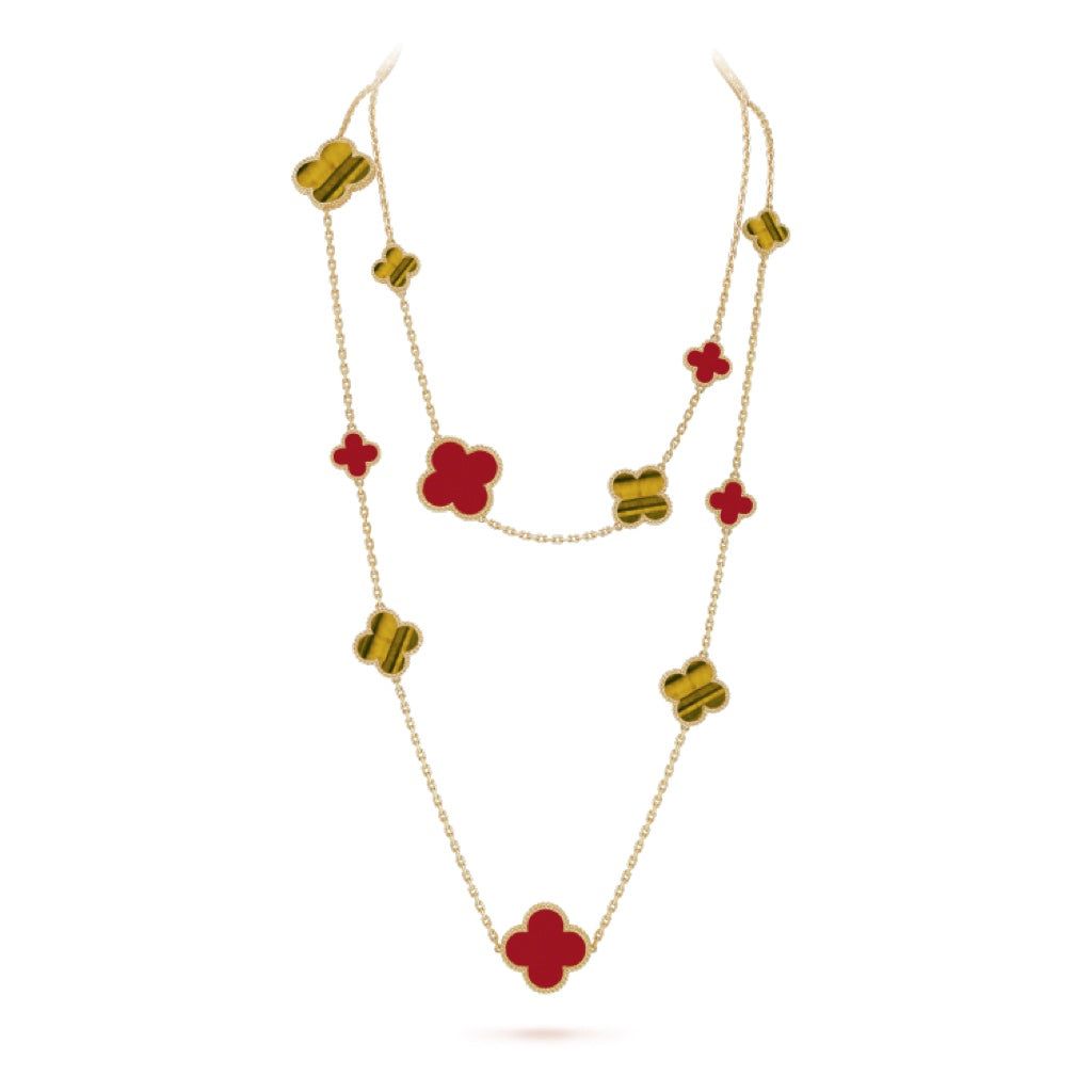 Van Cleef & Arpels CLOVER 16 MOTIF CARNELIAN TIGER EYE PINK GOLD NECKLACE