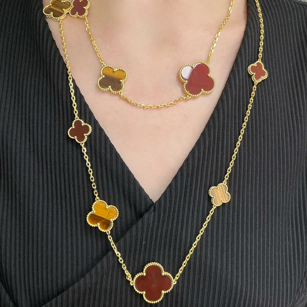 Van Cleef & Arpels CLOVER 16 MOTIF CARNELIAN TIGER EYE PINK GOLD NECKLACE