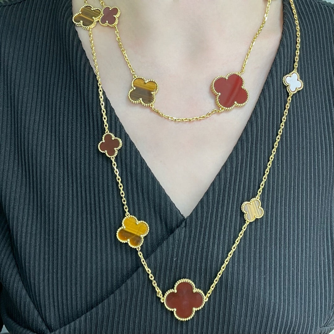 Van Cleef & Arpels CLOVER 16 MOTIF CARNELIAN TIGER EYE PINK GOLD NECKLACE