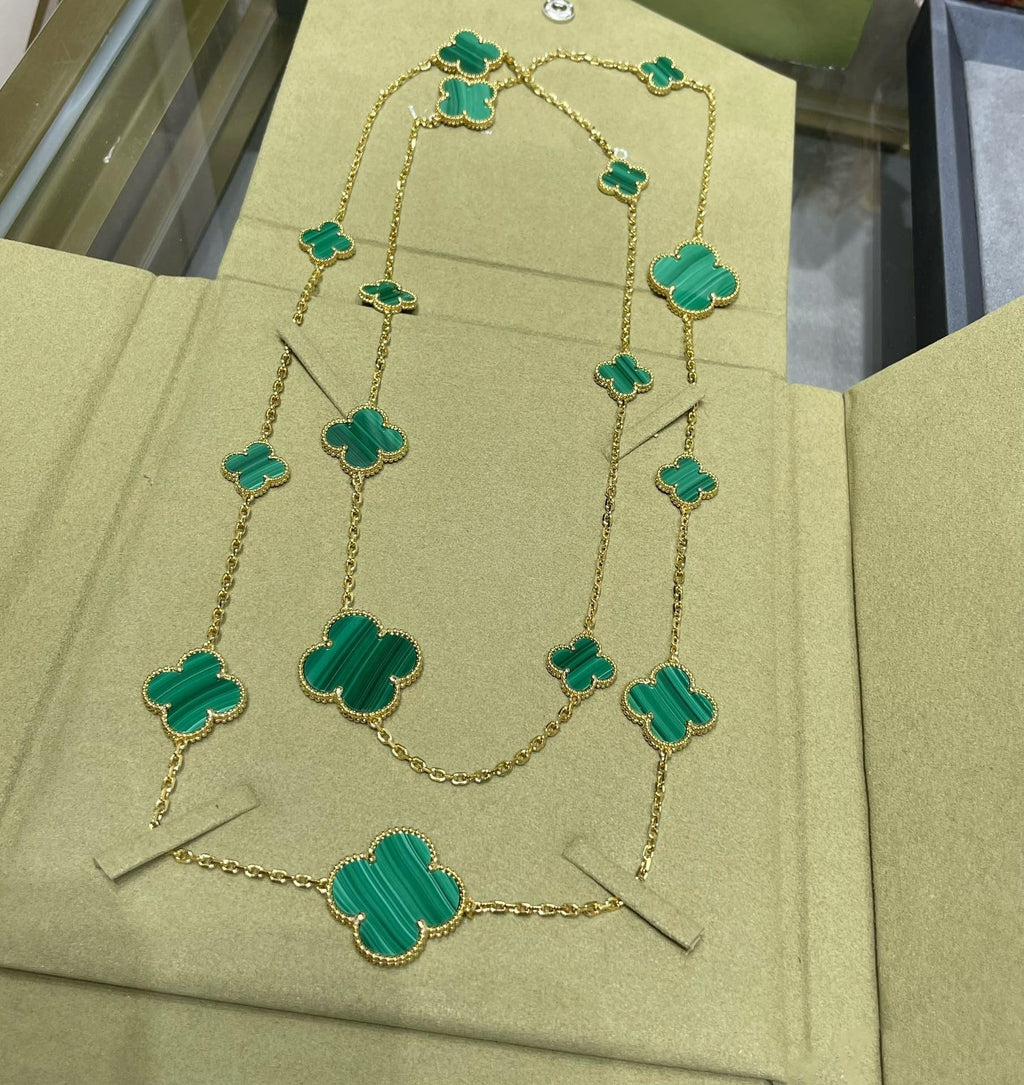 Van Cleef & Arpels CLOVER 16 MOTIF MALACHITE PINK GOLD NECKLACE