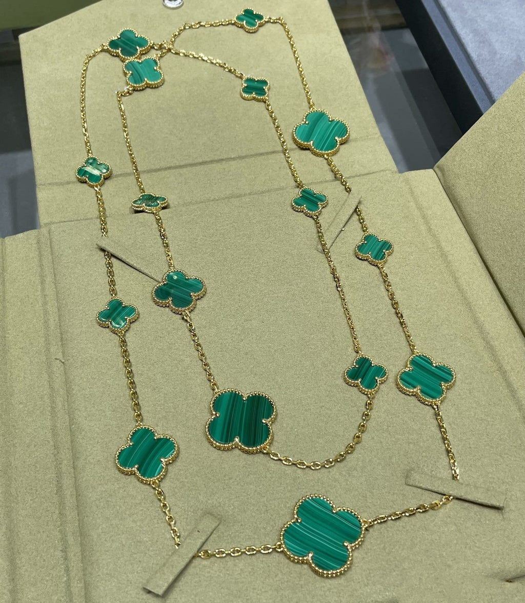 Van Cleef & Arpels CLOVER 16 MOTIF MALACHITE PINK GOLD NECKLACE