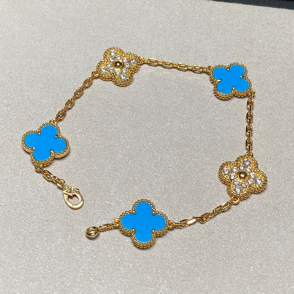 Van Cleef & Arpels CLOVER 5 MOTIF TURQUOISE DIAMOND GOLD BRACELET