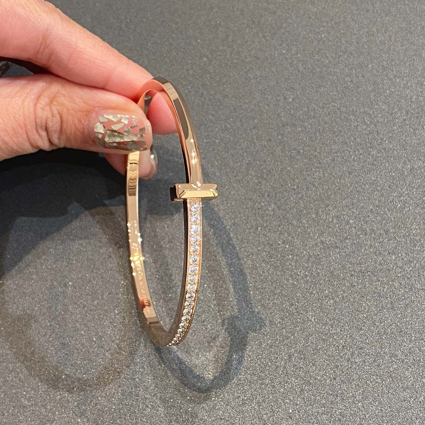 TIFFANY NARROW T1 HINGED BANGLE DIAMOND PINK GOLD