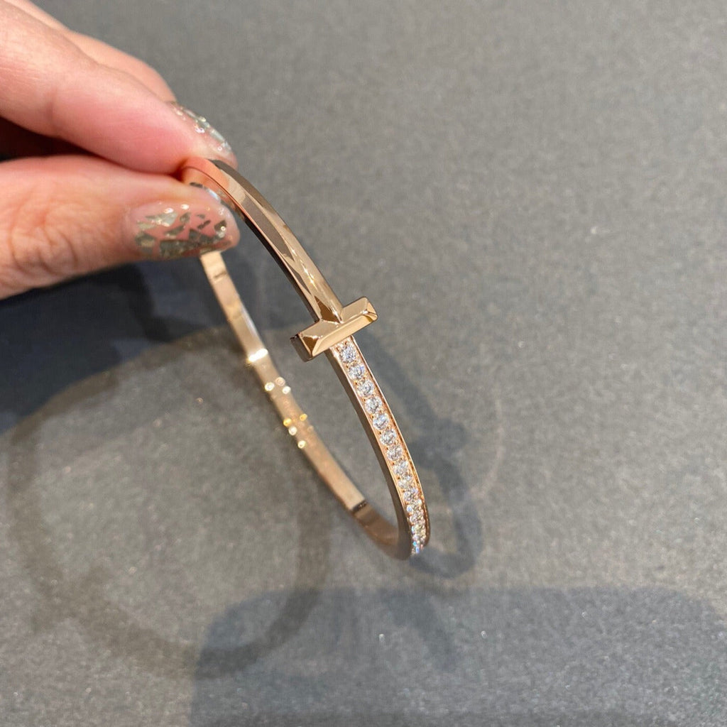 TIFFANY NARROW T1 HINGED BANGLE DIAMOND PINK GOLD