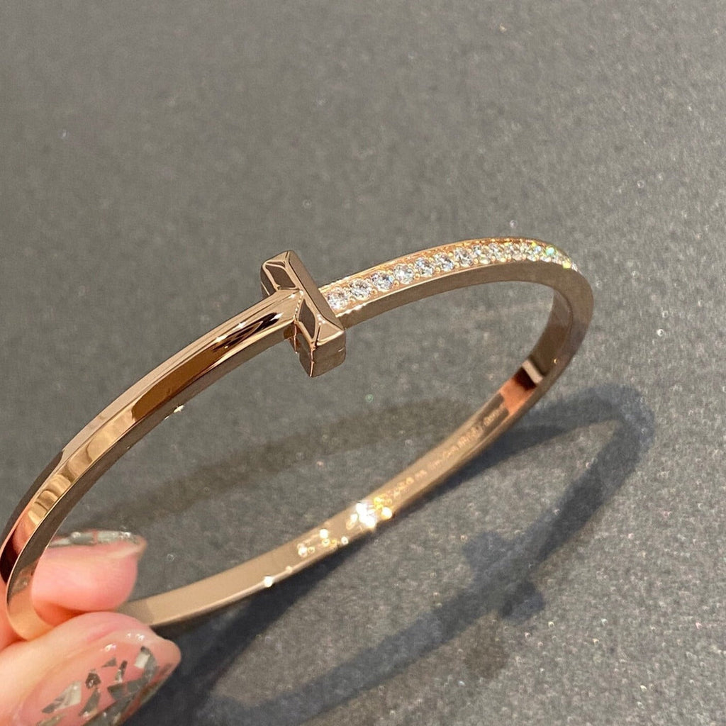 TIFFANY NARROW T1 HINGED BANGLE DIAMOND PINK GOLD