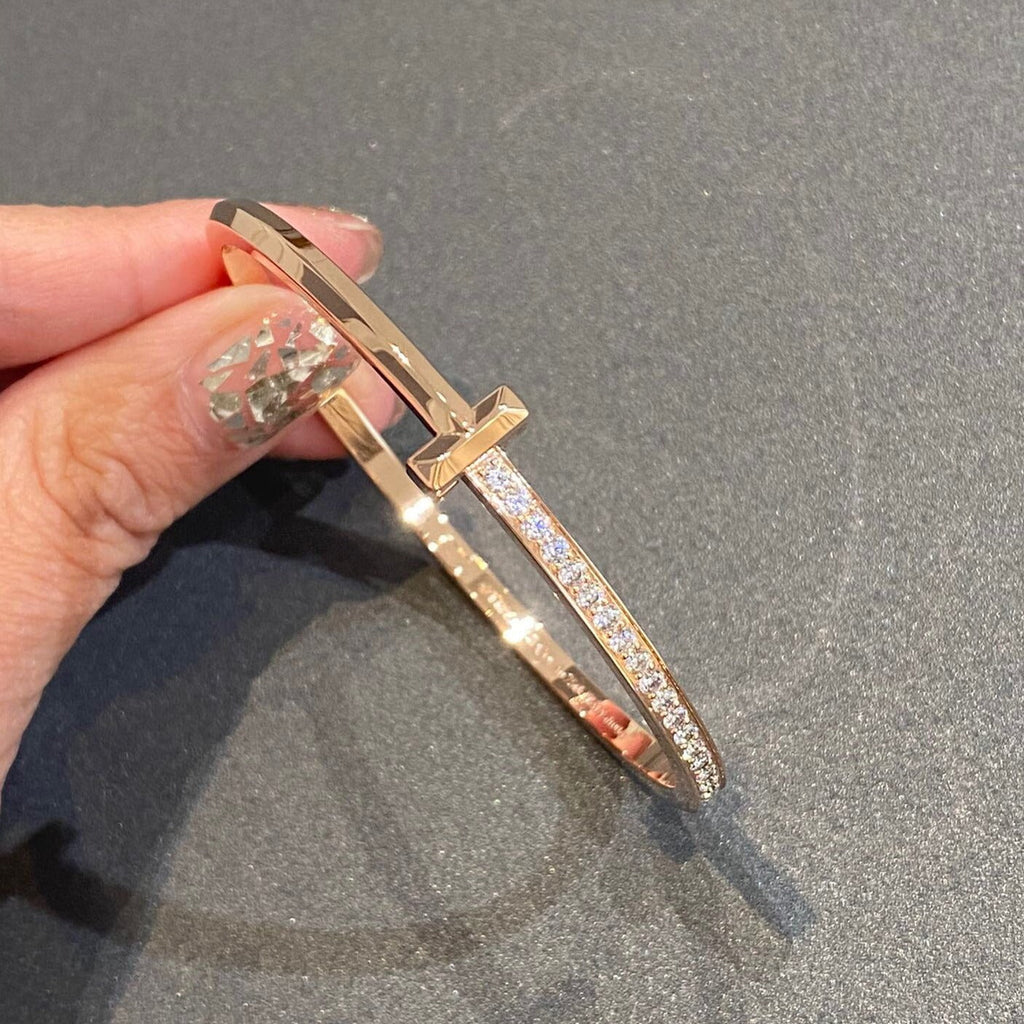 TIFFANY NARROW T1 HINGED BANGLE DIAMOND PINK GOLD