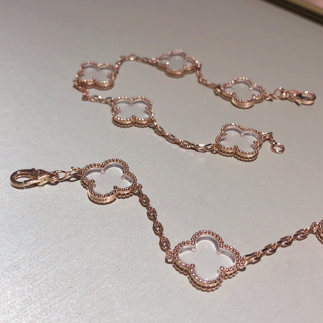 Van Cleef & Arpels CLOVER 5 MOTIF ROCK CRYSTAL PINK GOLD BRACELET