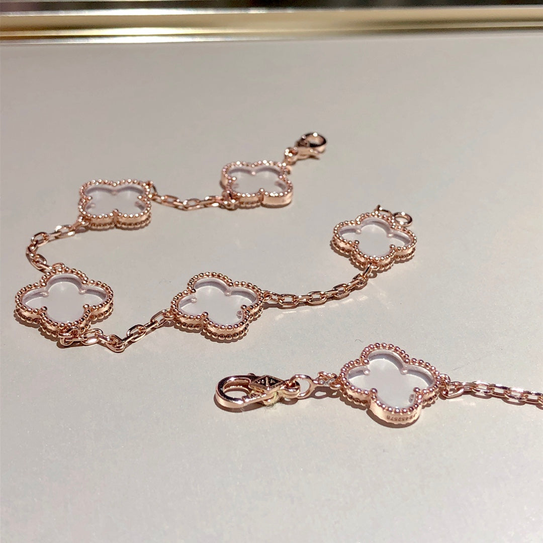 Van Cleef & Arpels CLOVER 5 MOTIF ROCK CRYSTAL PINK GOLD BRACELET