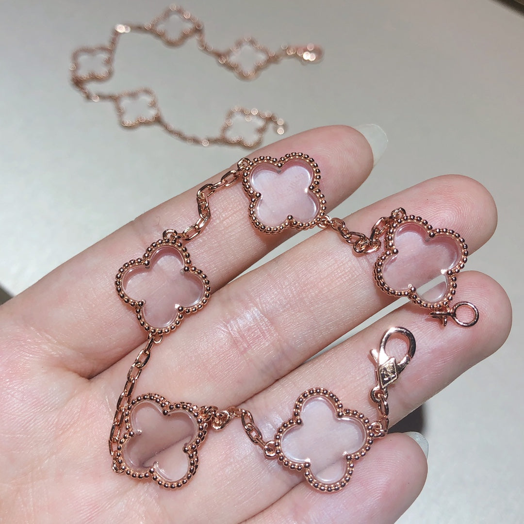 Van Cleef & Arpels CLOVER 5 MOTIF ROCK CRYSTAL PINK GOLD BRACELET