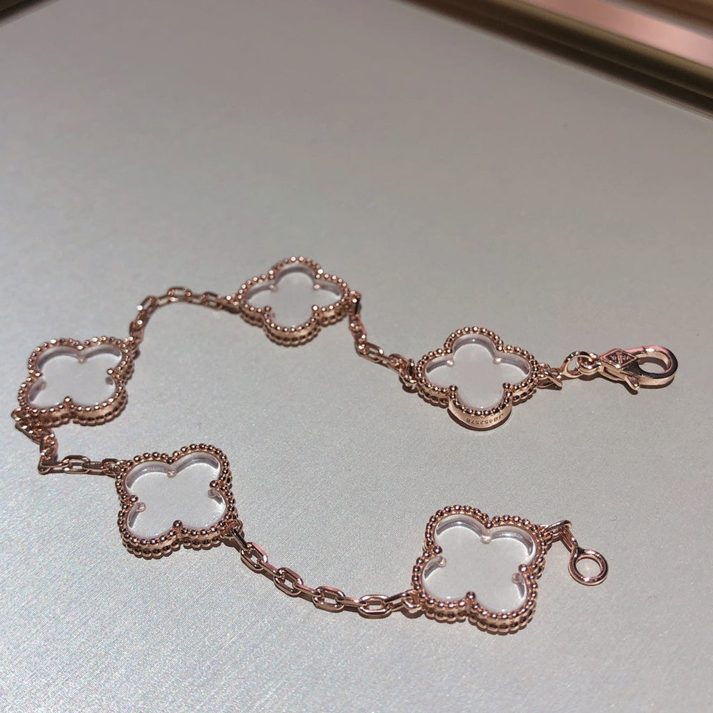 Van Cleef & Arpels CLOVER 5 MOTIF ROCK CRYSTAL PINK GOLD BRACELET
