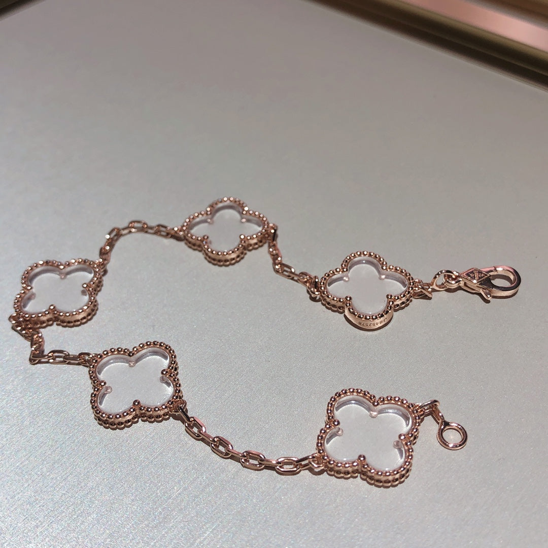 Van Cleef & Arpels CLOVER 5 MOTIF ROCK CRYSTAL PINK GOLD BRACELET