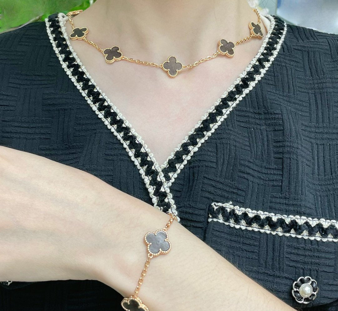 Van Cleef & Arpels CLOVER 10 MOTIF GREY MOP PINK GOLD NECKLACE