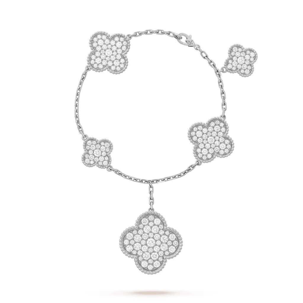 Van Cleef & Arpels CLOVER 5 MOTIFS BIG SILVER DIAMOND BRACELET