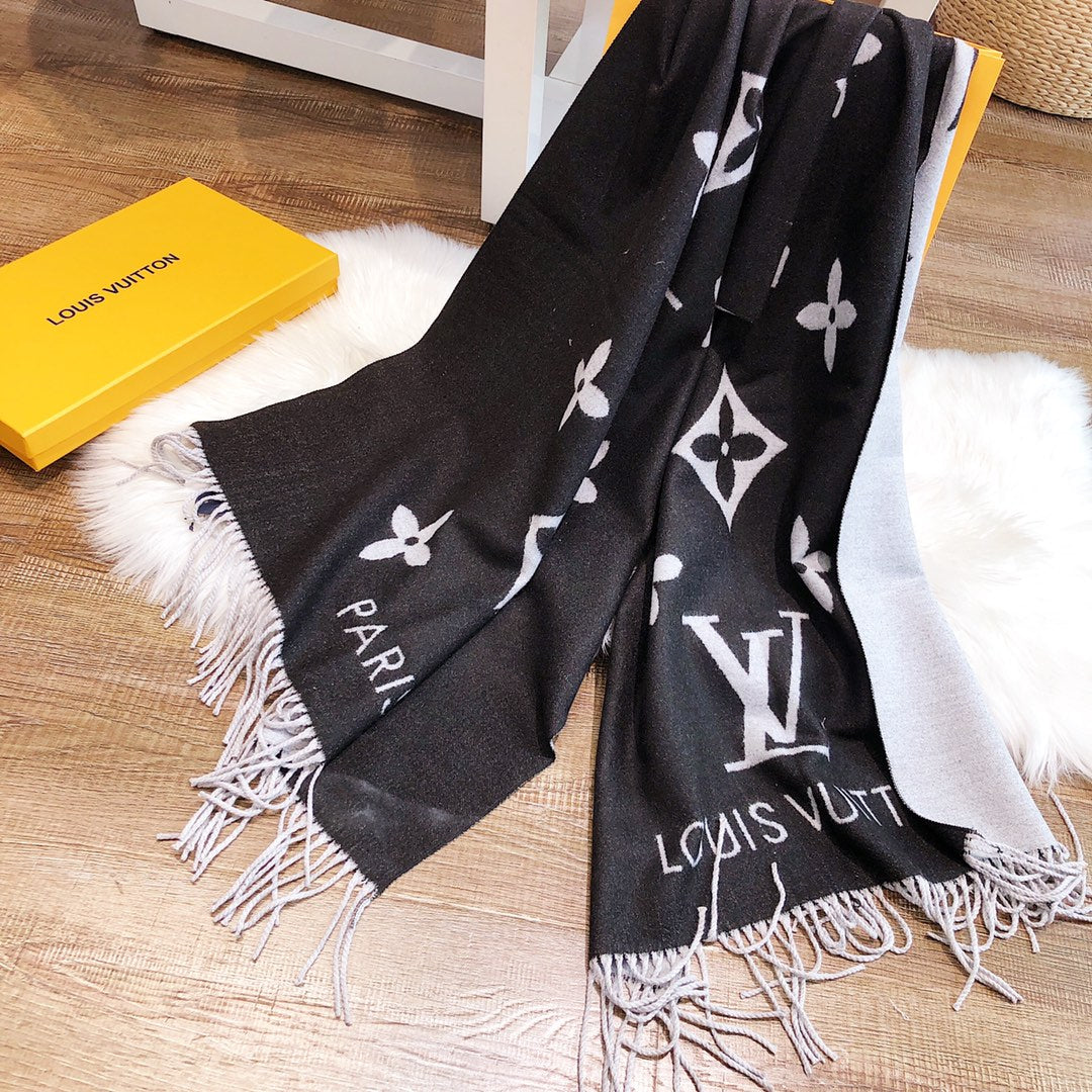 LOUIS VUITTON REYKJAVIK SCARF 180 CM IN BLACK MIX WHITE CASHMERE 392870