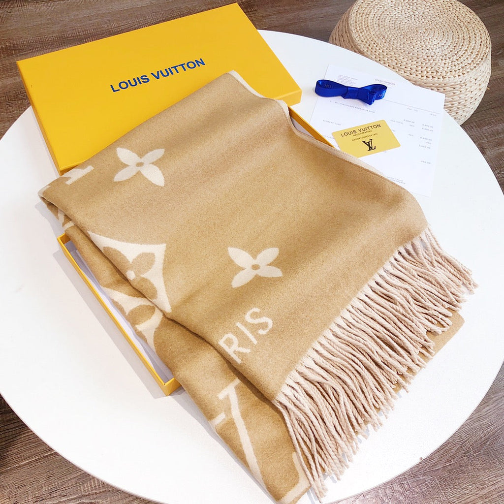 LOUIS VUITTON REYKJAVIK SCARF 180 CM IN TORTILLA BROWN CASHMERE 392871