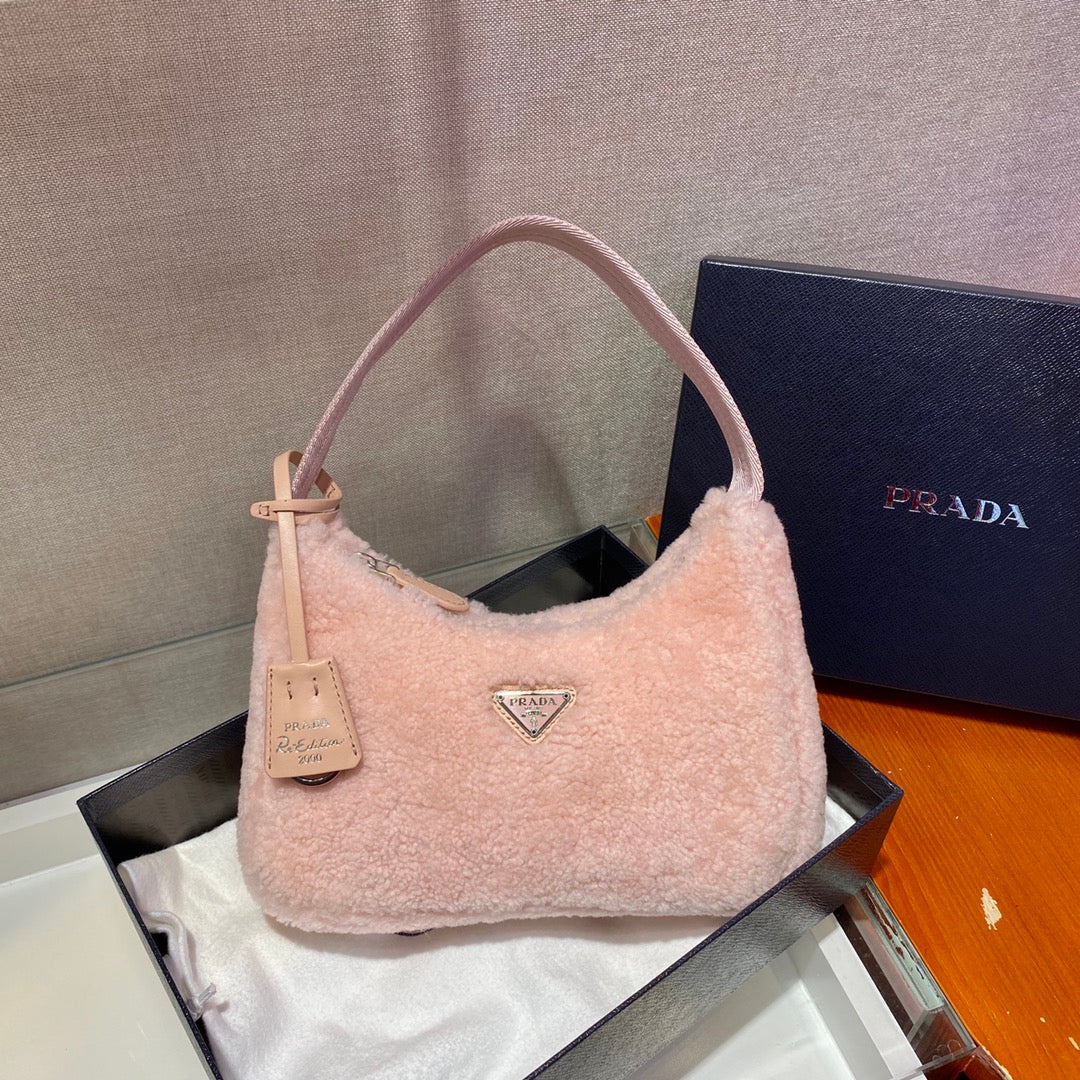 PRADA HOBO BAG 23 IN LIGHT PINK SHEARLING