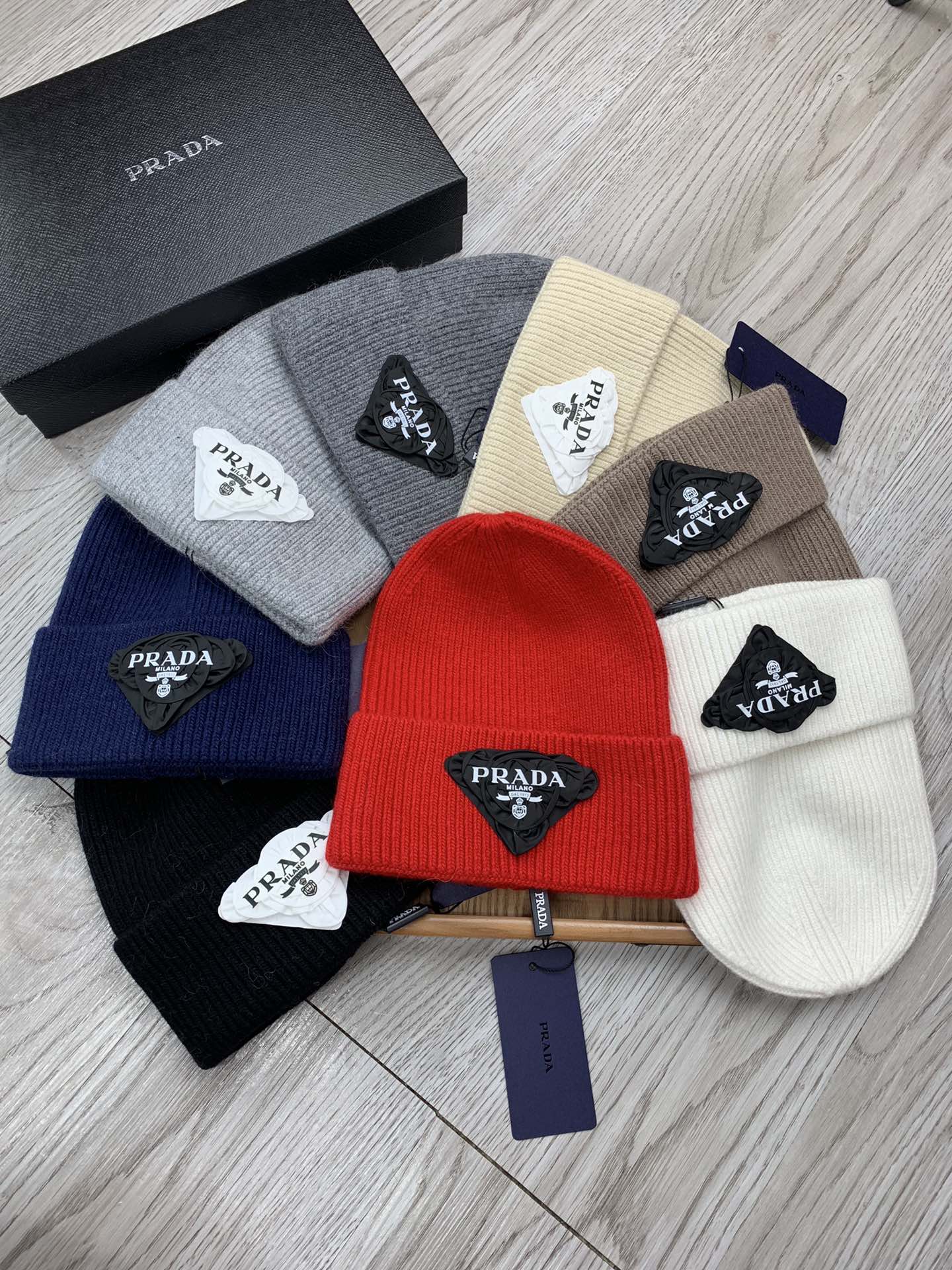 PRADA BEANIE HAT IN PALE GRAY WOOL 431360