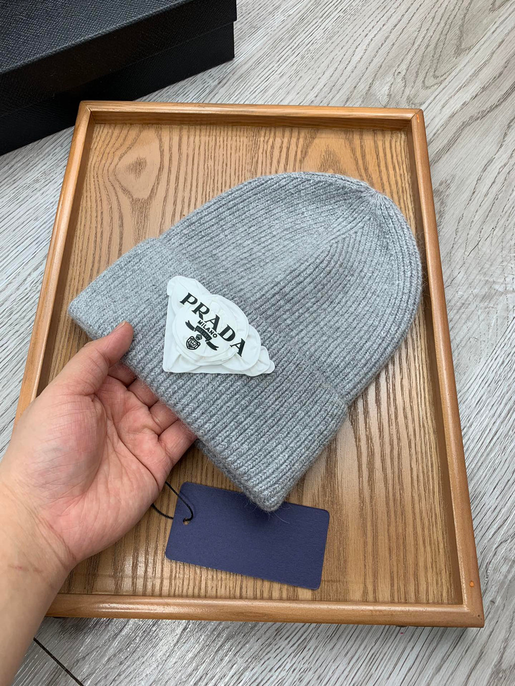 PRADA BEANIE HAT IN PALE GRAY WOOL 431360