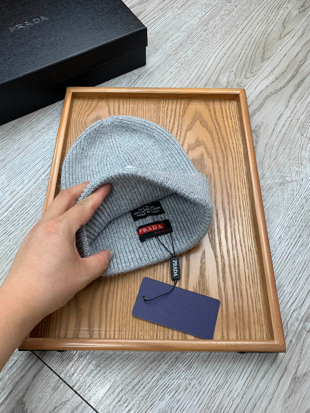 PRADA BEANIE HAT IN PALE GRAY WOOL 431360